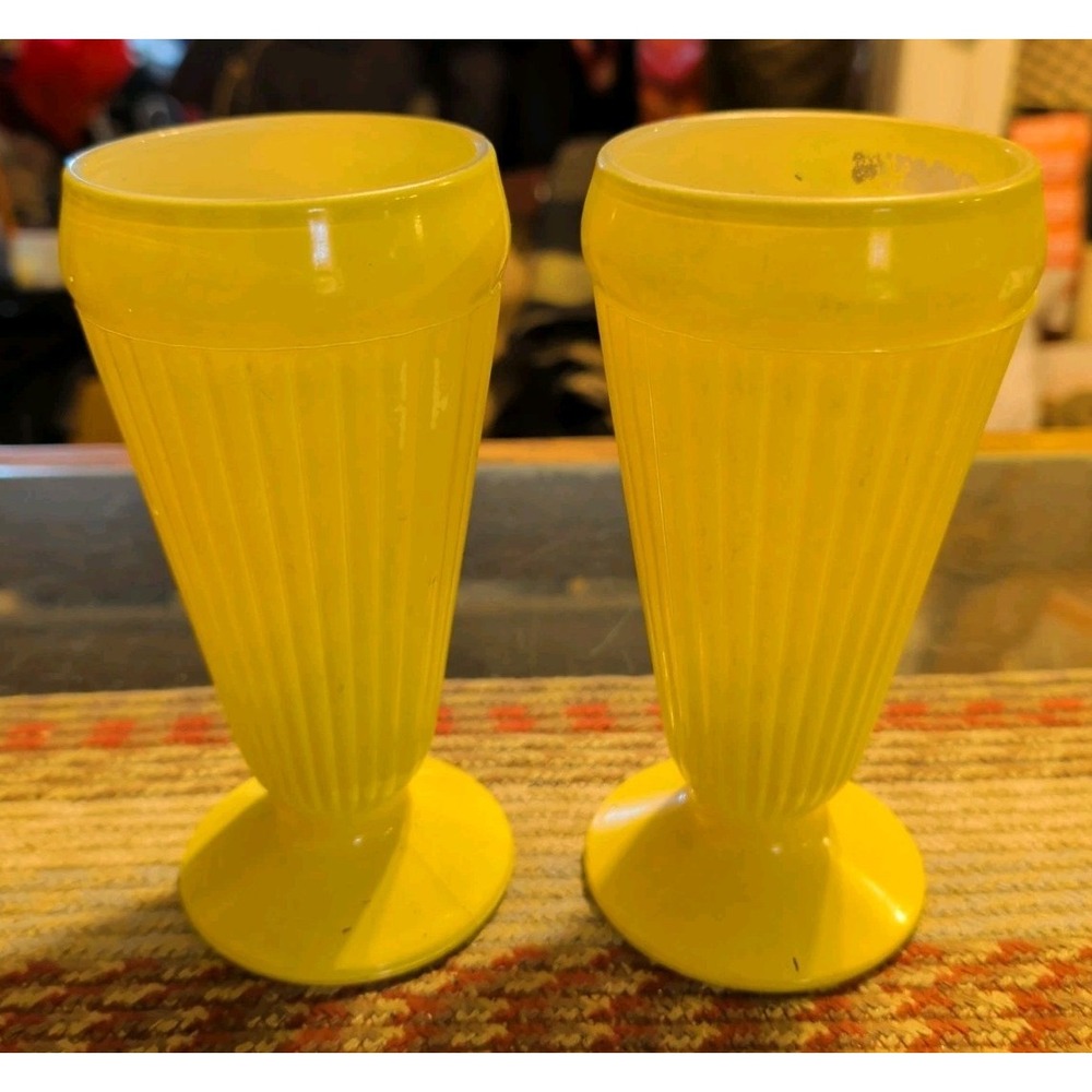Pair Of Vintage Atlas Yellow Ribbed Footed Soda Glasses Milkshake Ice Cream
